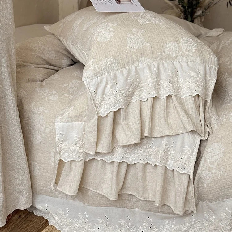 Bedding Set Cotton-Linen Broderie Anglaise & Ruffled 4-Piece