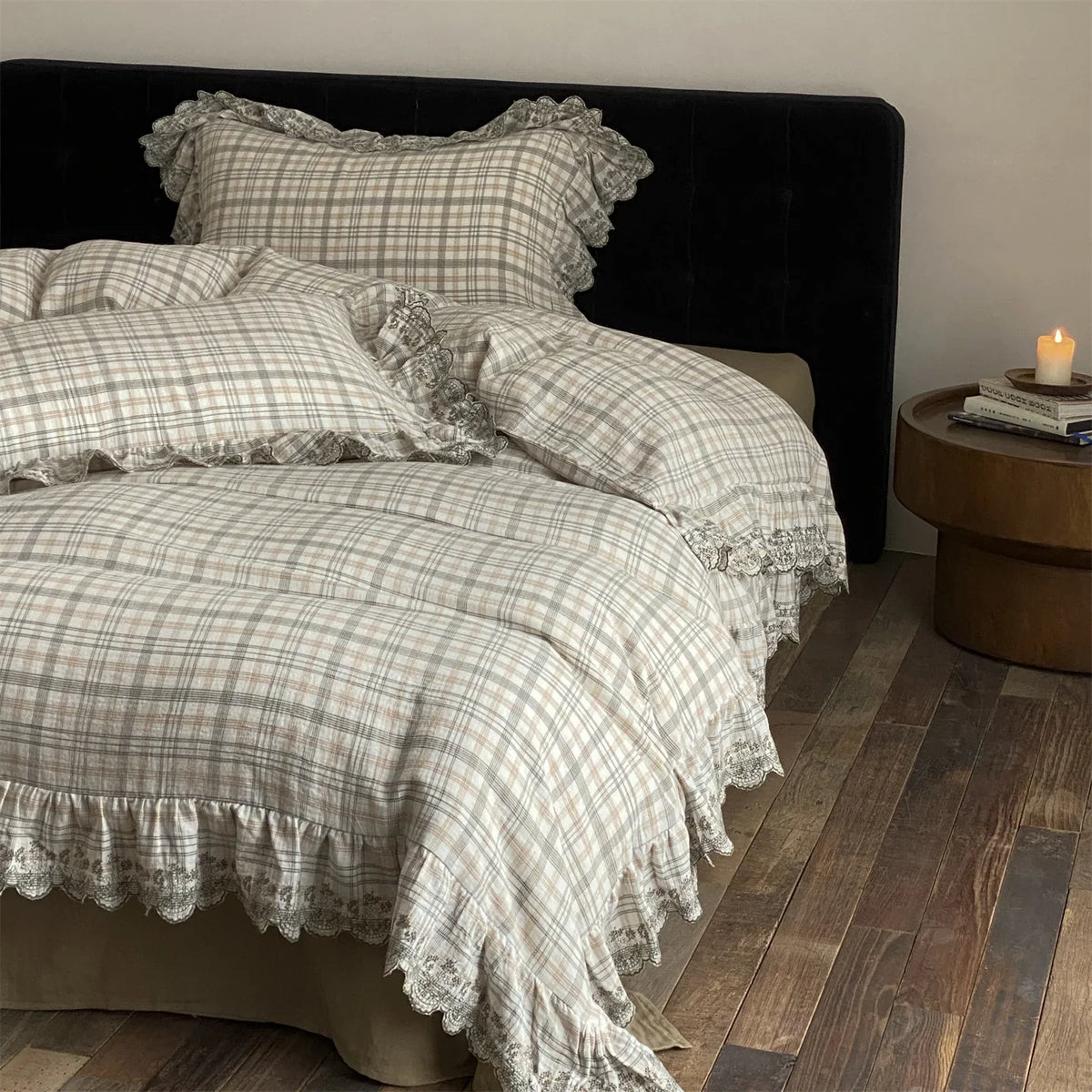 Bedding Set Cotton-Linen Checkered & Lace Ruffles