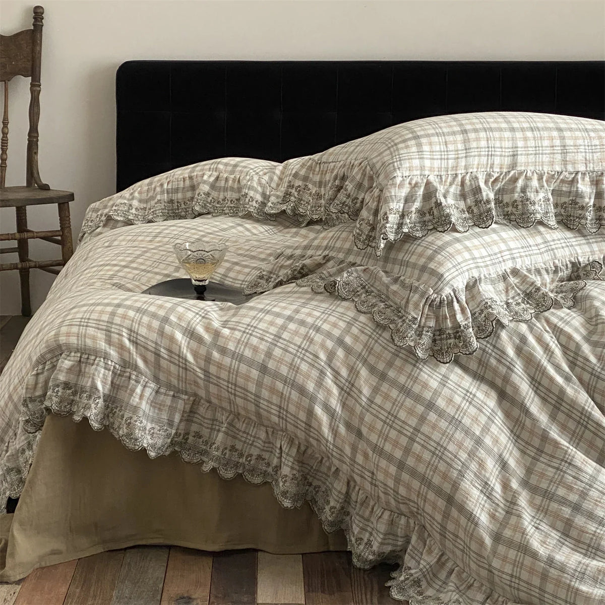 Bedding Set Cotton-Linen Checkered & Lace Ruffles