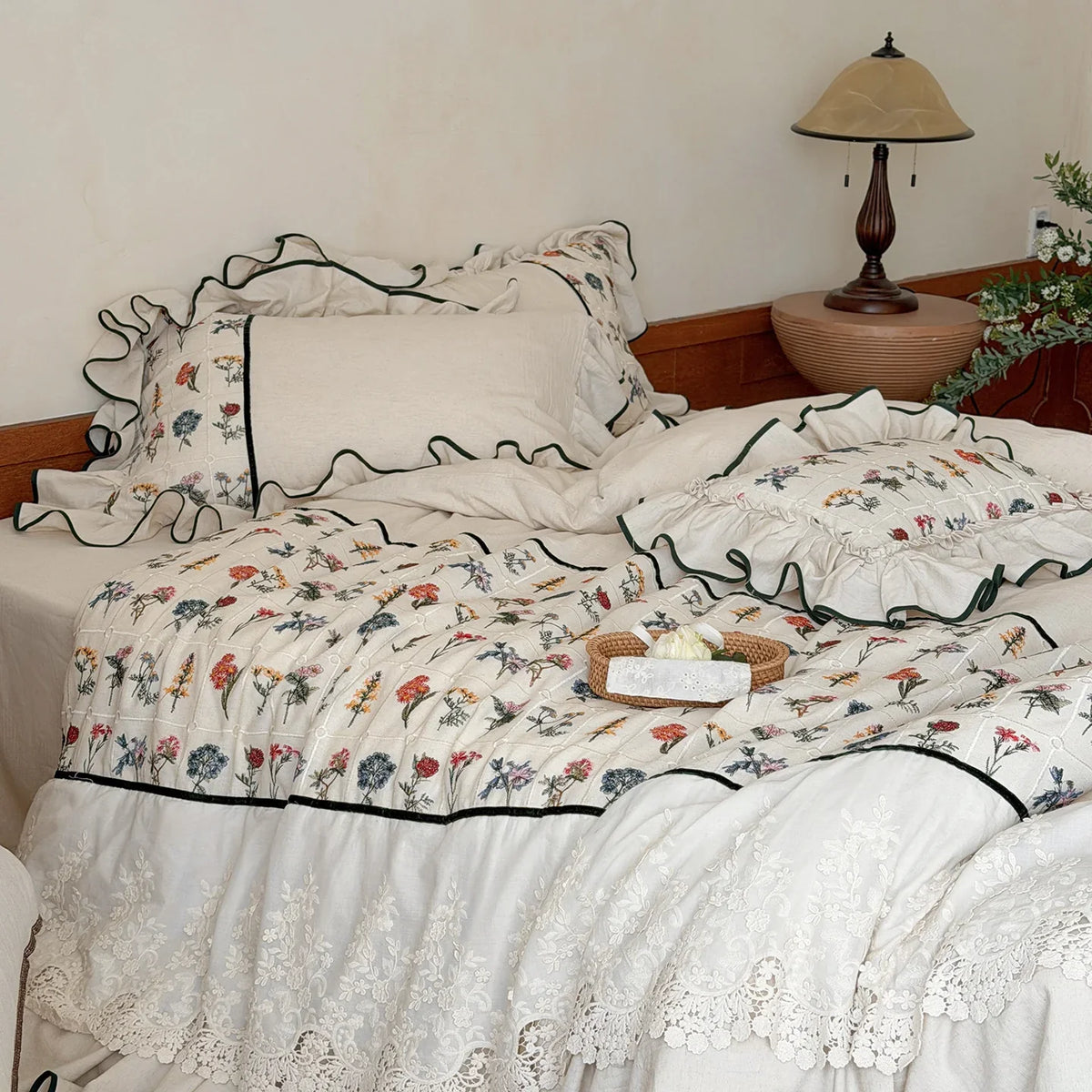 Bedding Set Cotton-Linen Embroidered Floral Ruffle Trim