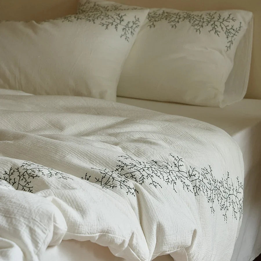Bedding Set Cotton Muslin Breathable Embroidered 4-Piece