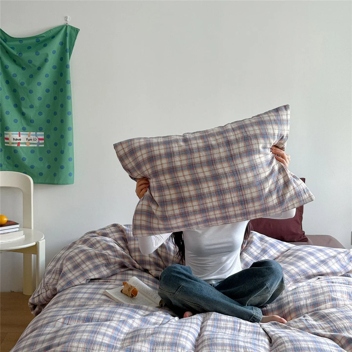Bedding Set Cotton Muslin Breathable Pastel Check Pattern