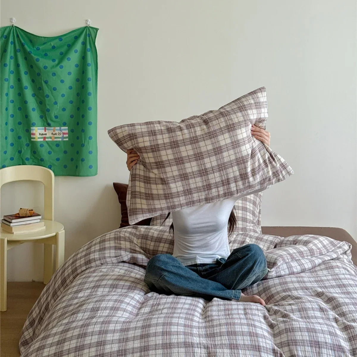 Bedding Set Cotton Muslin Breathable Pastel Check Pattern