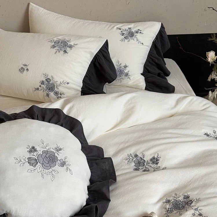 Bedding Set Cotton Muslin Hypoallergenic Embroidered Rose