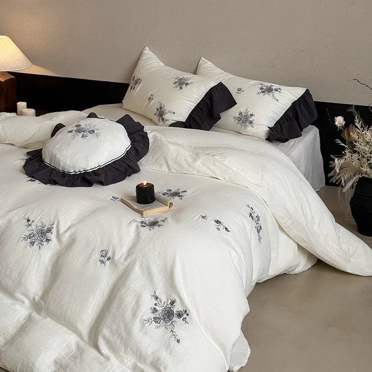 Bedding Set Cotton Muslin Hypoallergenic Embroidered Rose
