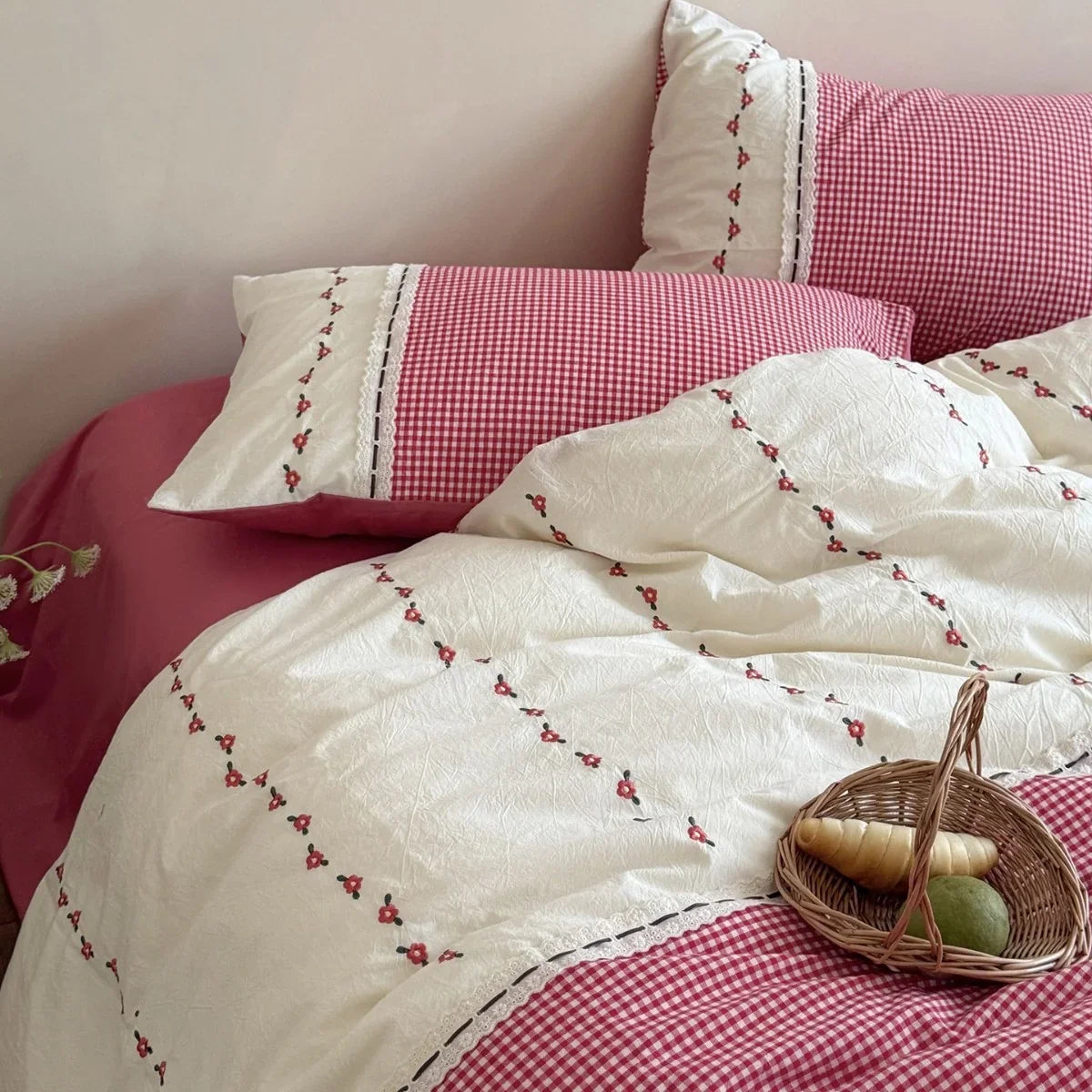 Bedding Set Cotton Muslin Vichy Check & Embroidered Border