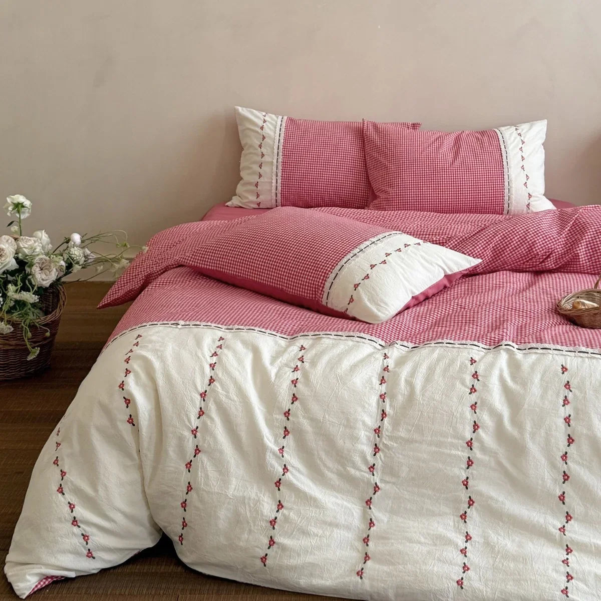 Bedding Set Cotton Muslin Vichy Check & Embroidered Border