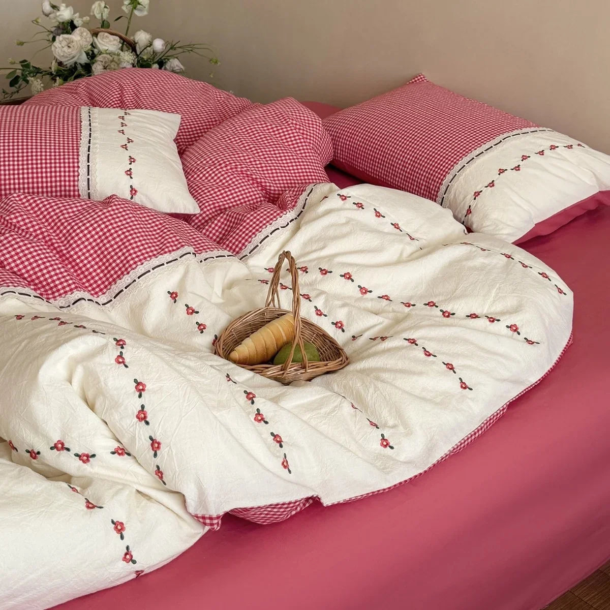 Bedding Set Cotton Muslin Vichy Check & Embroidered Border
