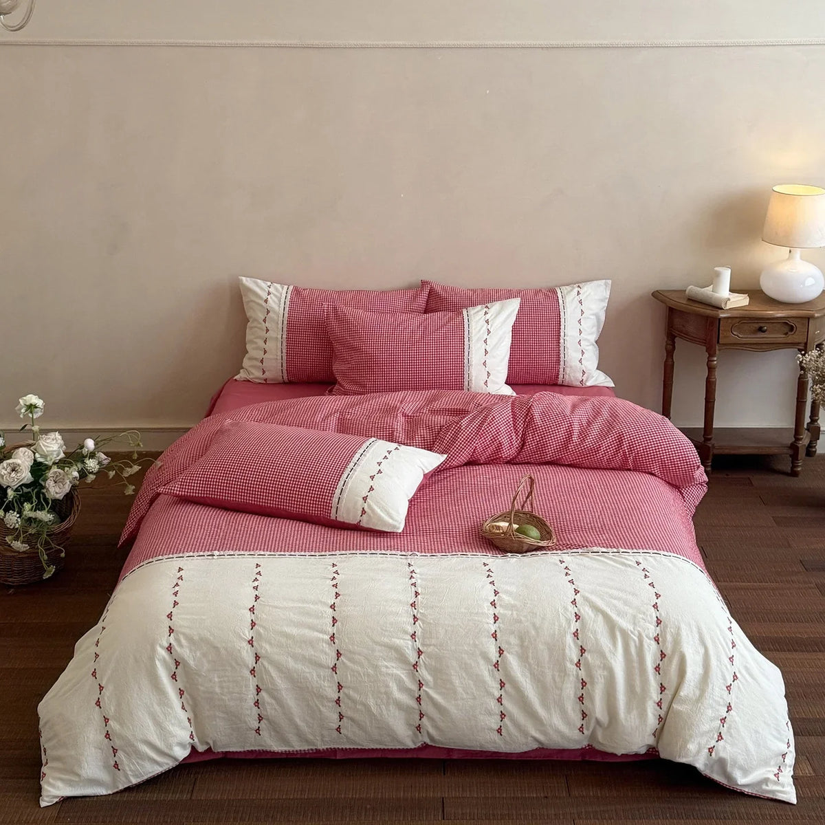 Bedding Set Cotton Muslin Vichy Check & Embroidered Border