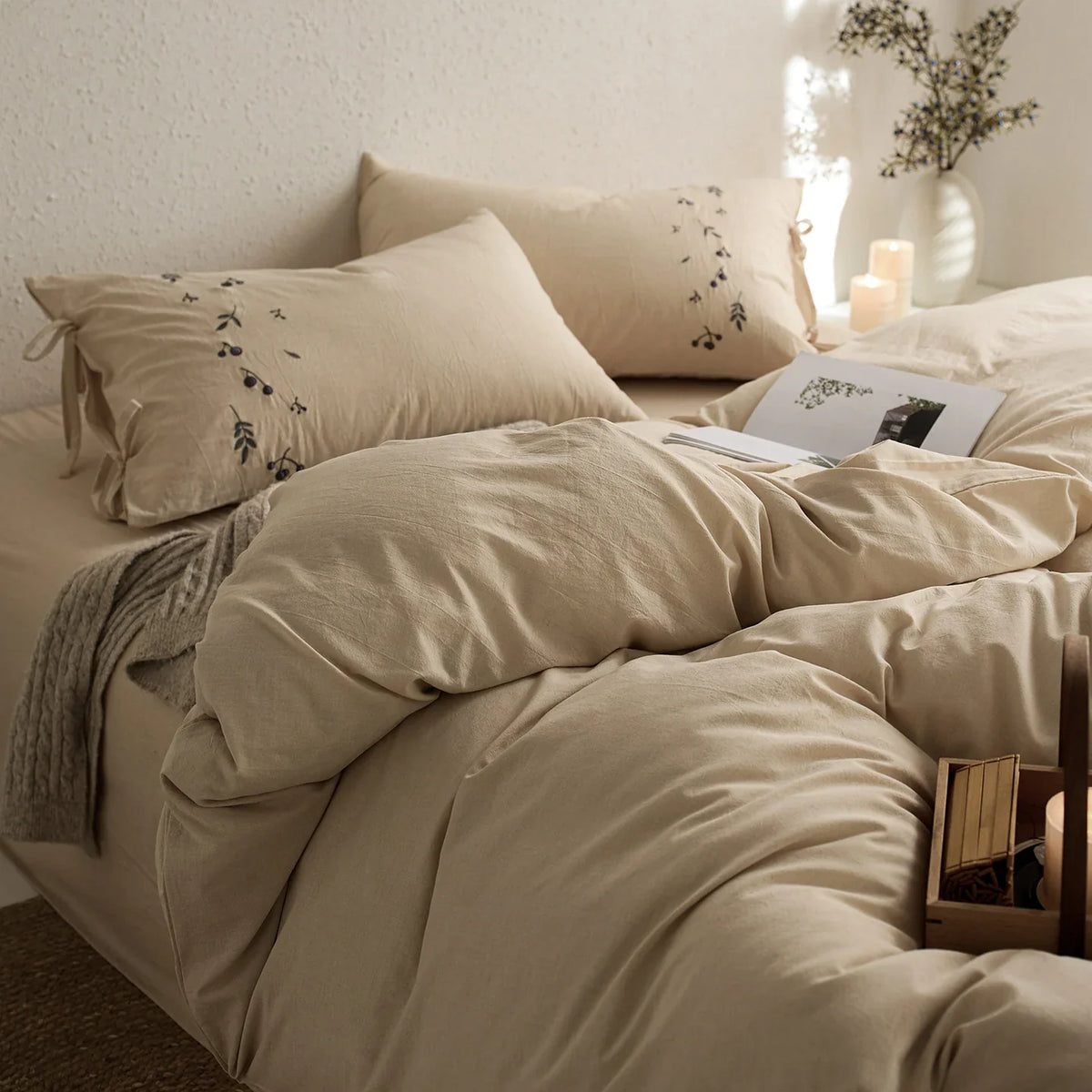 Bedding Set Cotton Percale Berry & Leaf Embroidery 4-Piece