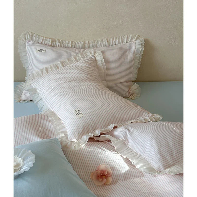 Bedding Set Cotton Percale Fine Stripe Ruffled Edges