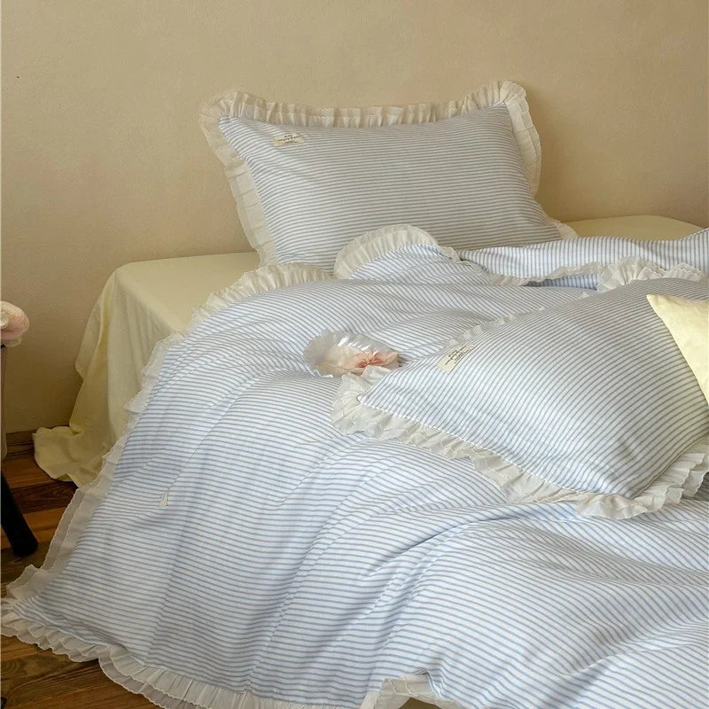 Bedding Set Cotton Percale Fine Stripe Ruffled Edges