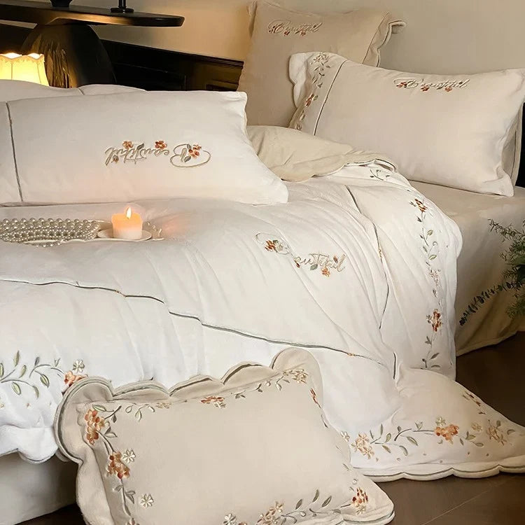 Bedding Set Cotton Percale Floral Embroidery 4-Piece