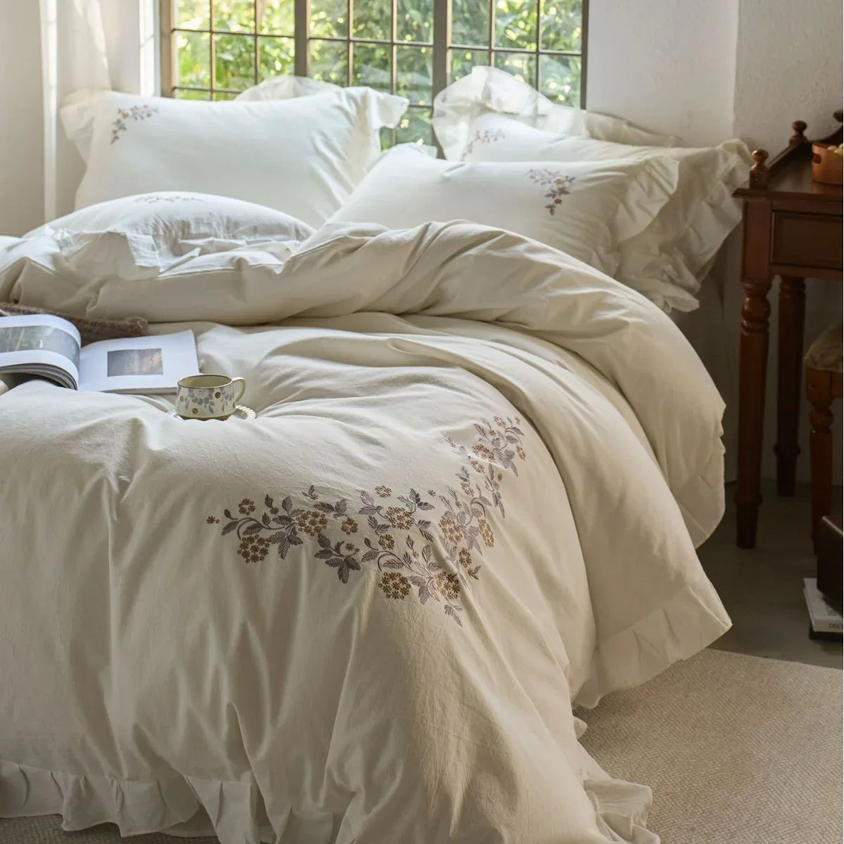 Bedding Set Cotton Percale Floral Embroidery & Ruffled Trim