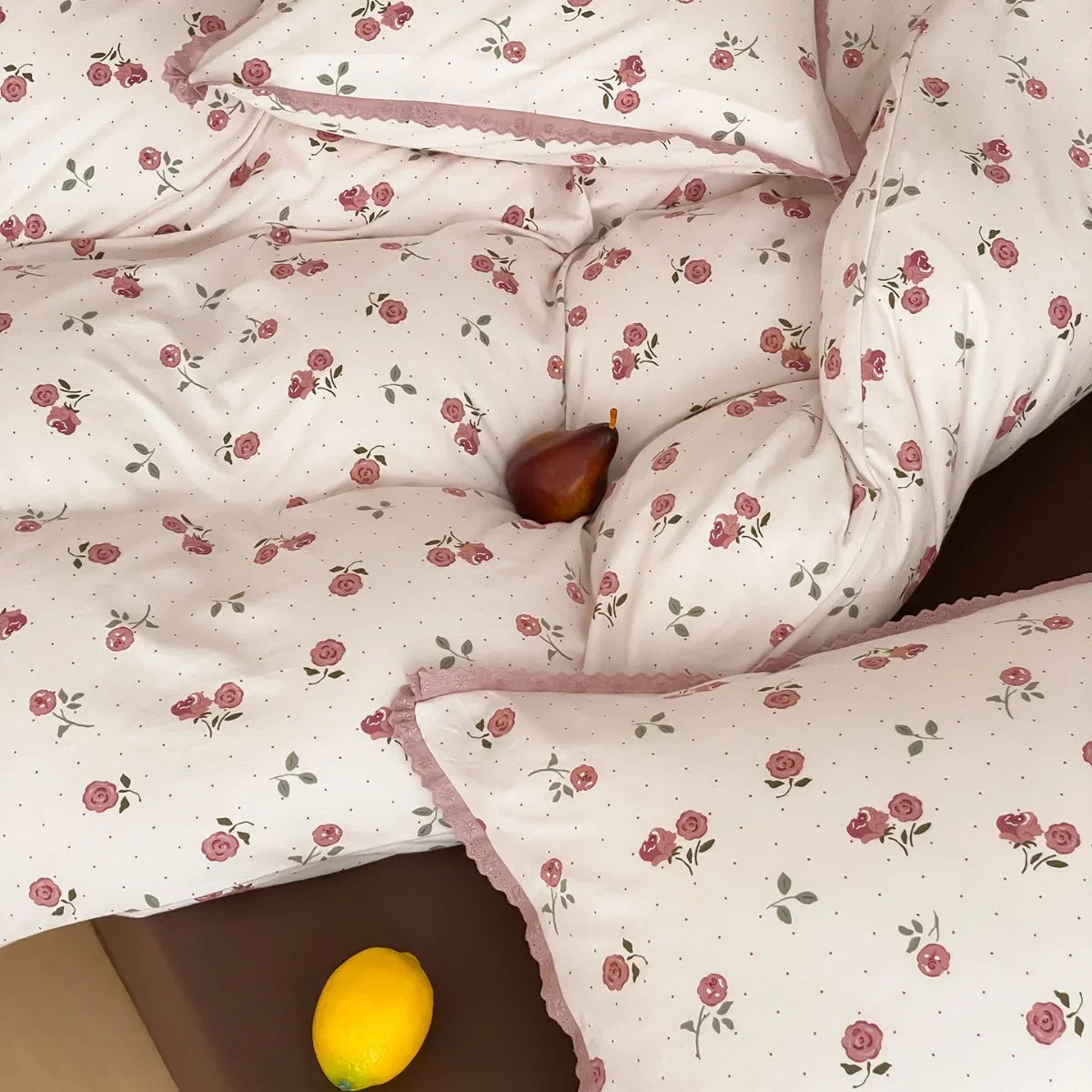 Bedding Set Cotton Percale Floral Print Crochet Lace