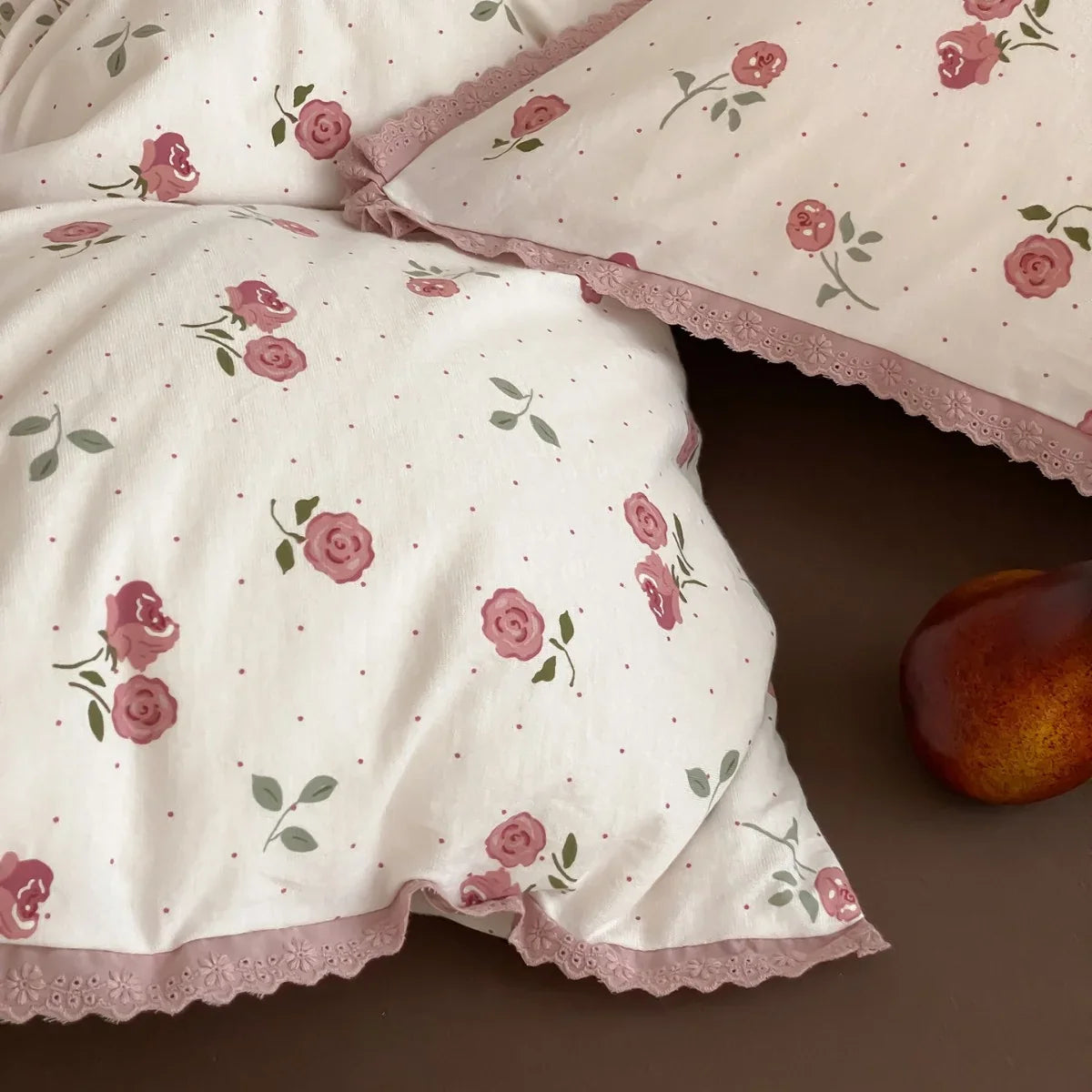 Bedding Set Cotton Percale Floral Print Crochet Lace