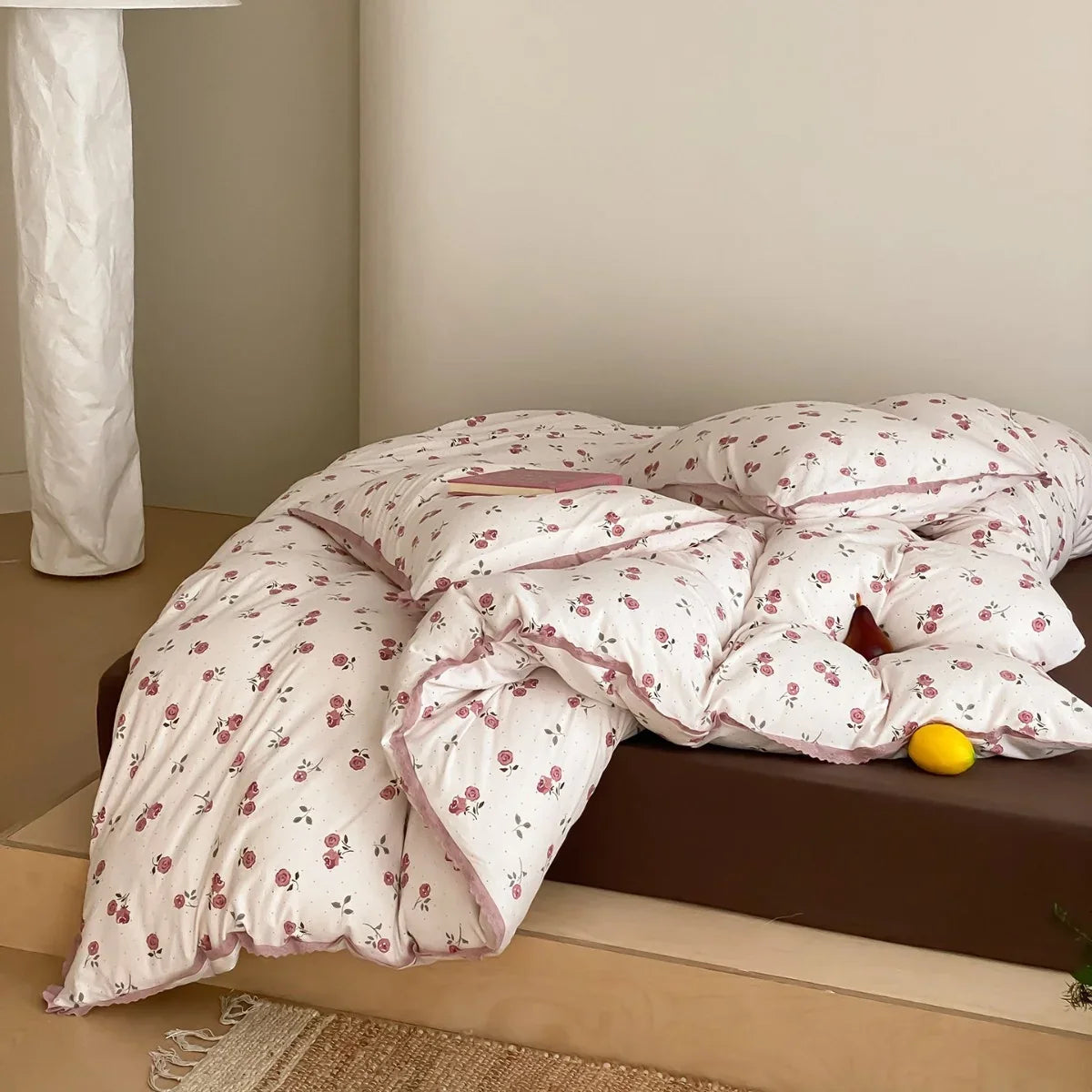 Bedding Set Cotton Percale Floral Print Crochet Lace