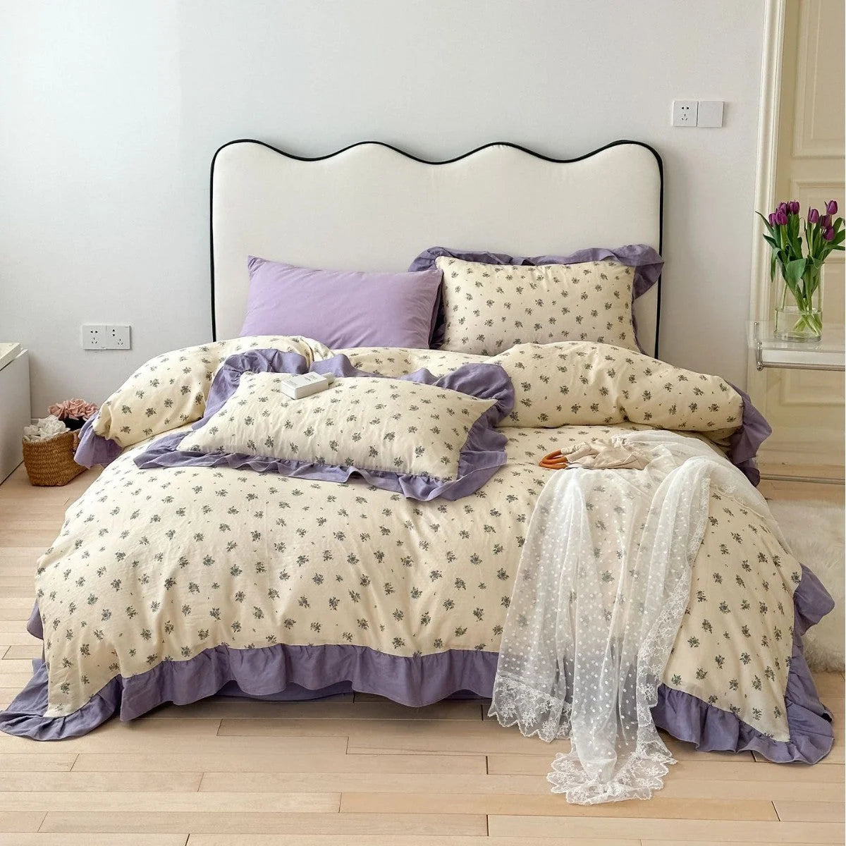 Bedding Set Cotton Percale Floral Print Ruffle Trim Reversible