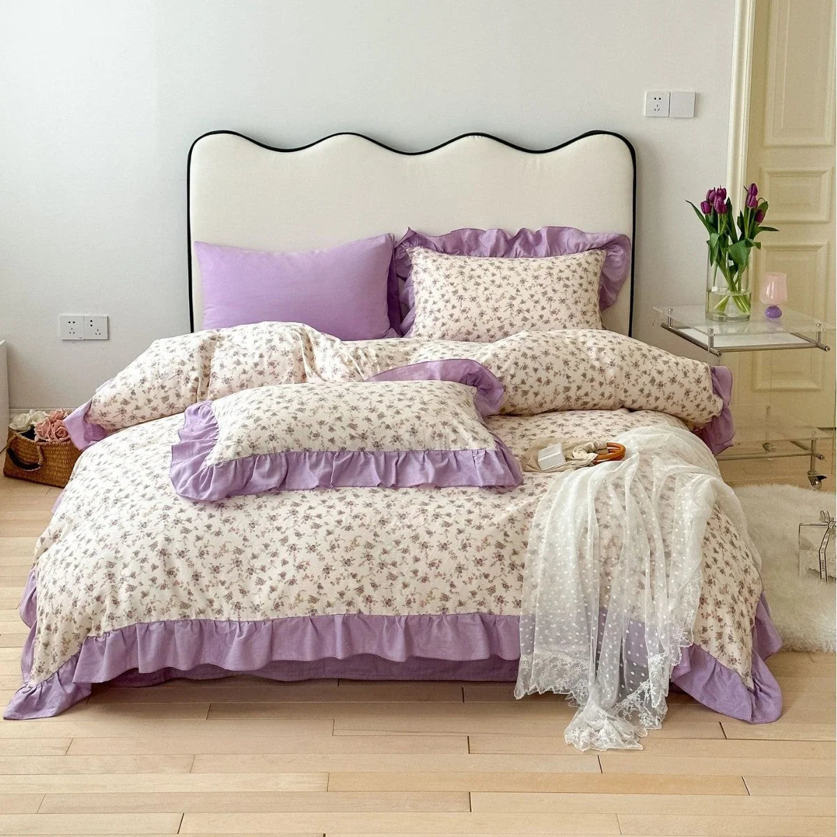 Bedding Set Cotton Percale Floral Print Ruffle Trim Reversible