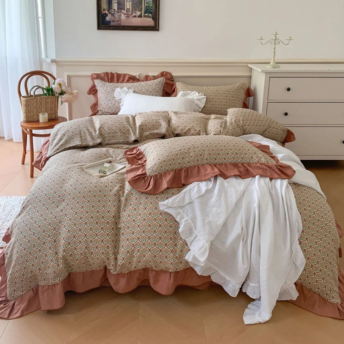 Bedding Set Cotton Percale Floral Print Ruffle Trim Reversible