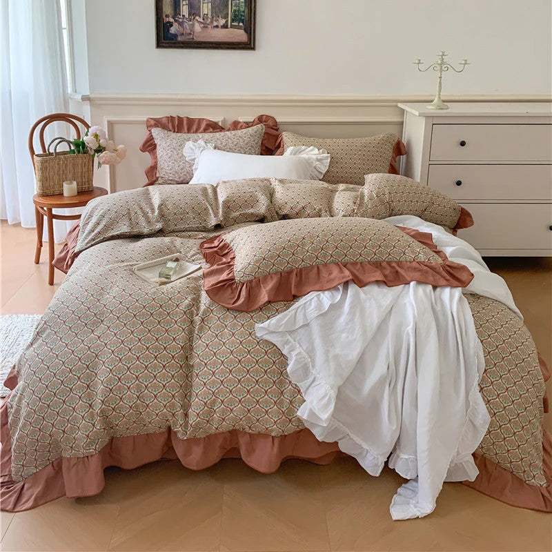 Bedding Set Cotton Percale Floral Print Ruffle Trim Reversible