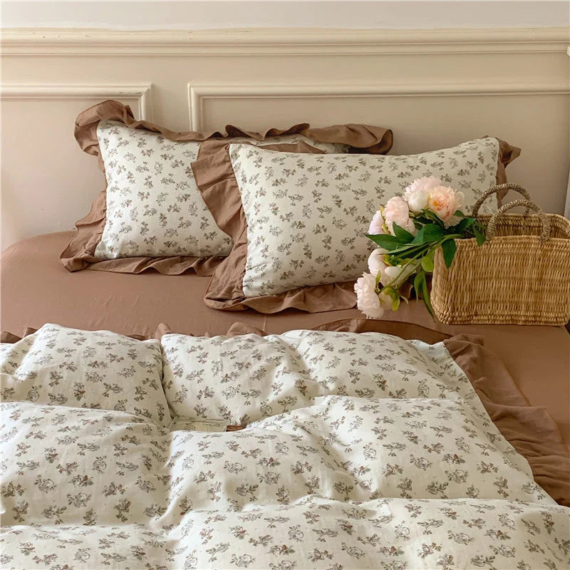 Bedding Set Cotton Percale Floral Print Ruffle Trim Reversible
