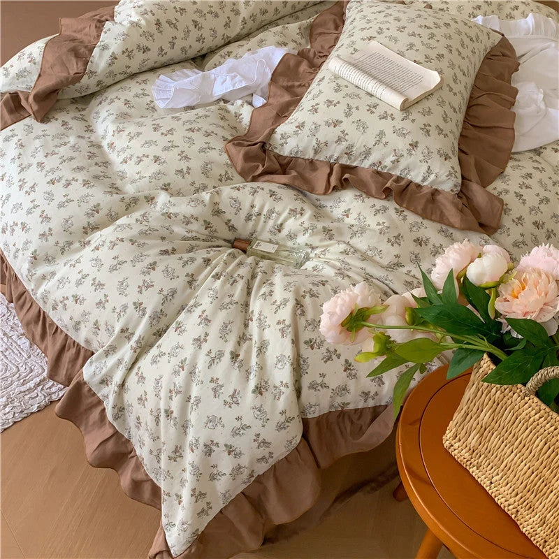 Bedding Set Cotton Percale Floral Print Ruffle Trim Reversible