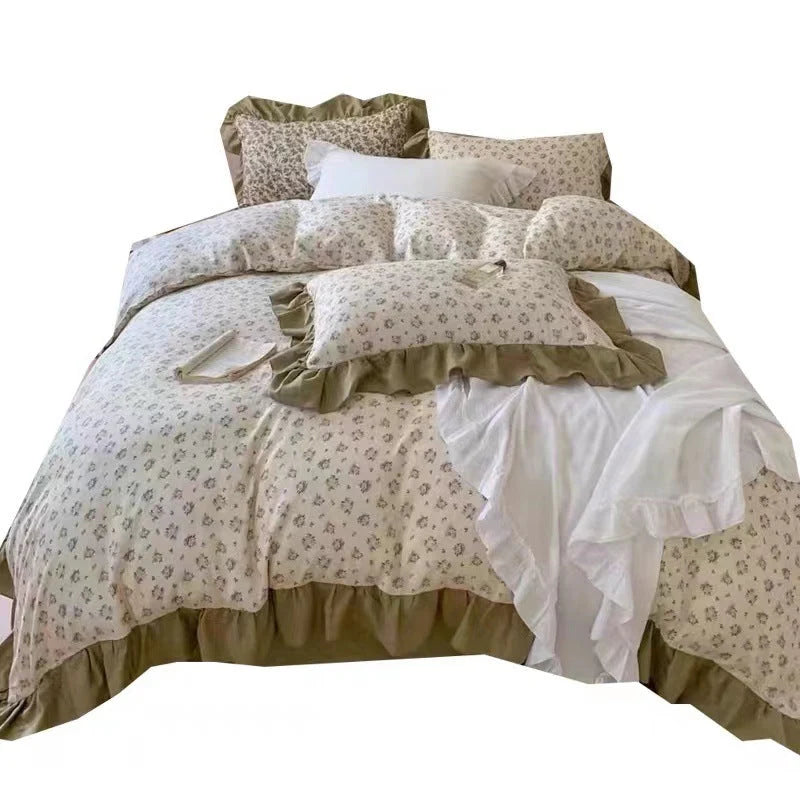 Bedding Set Cotton Percale Floral Print Ruffle Trim Reversible