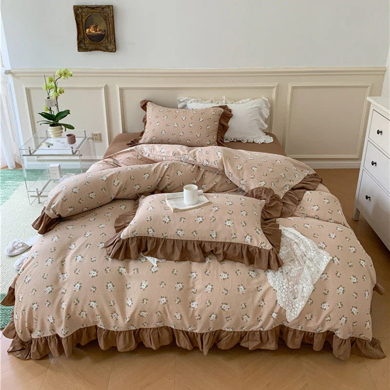 Bedding Set Cotton Percale Floral Print Ruffle Trim Reversible