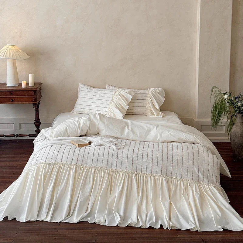 Bedding Set Cotton Percale Relief Embroidery Ruffled Bed Skirt