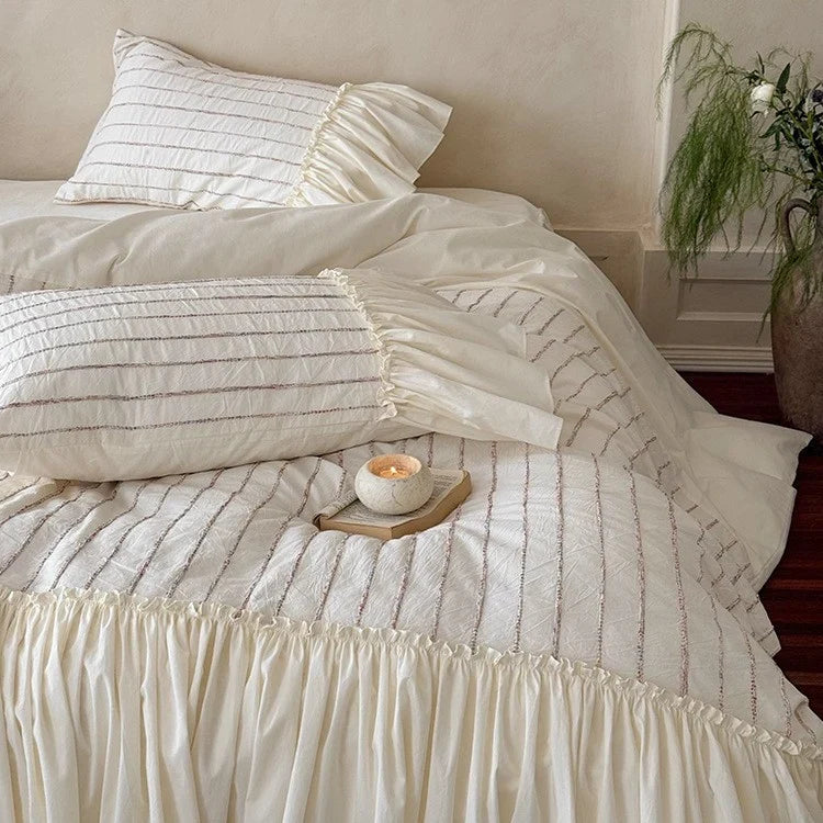 Bedding Set Cotton Percale Relief Embroidery Ruffled Bed Skirt