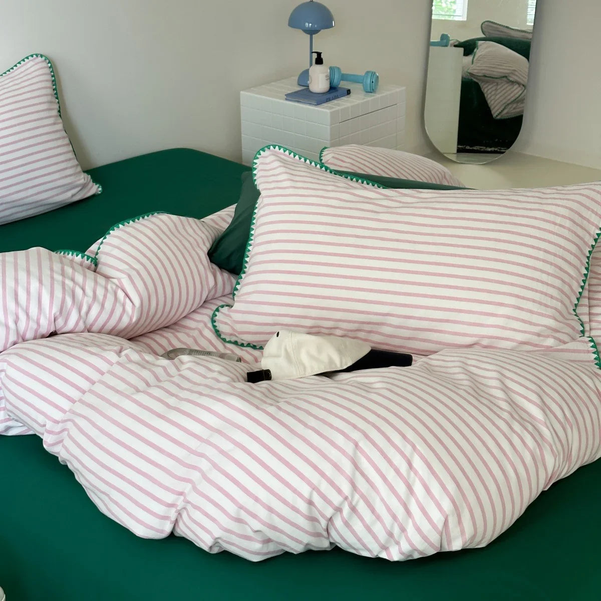 Bedding Set Cotton Percale Striped Decorative Piping
