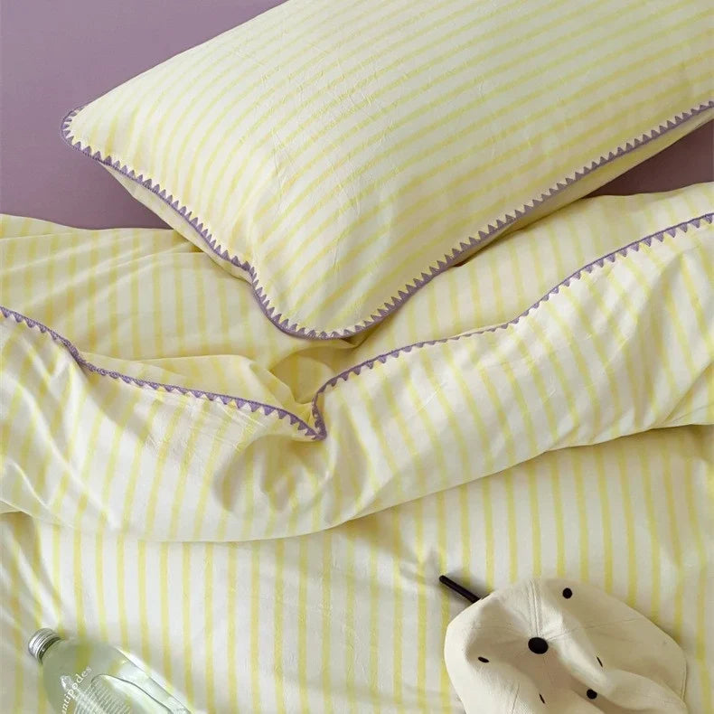 Bedding Set Cotton Percale Striped Decorative Piping