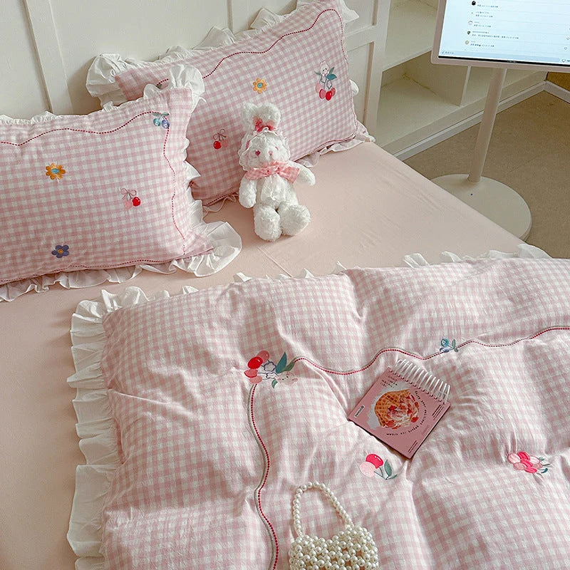 Bedding Set Cotton Ruffled Appliqué Embroidery Machine-Washable