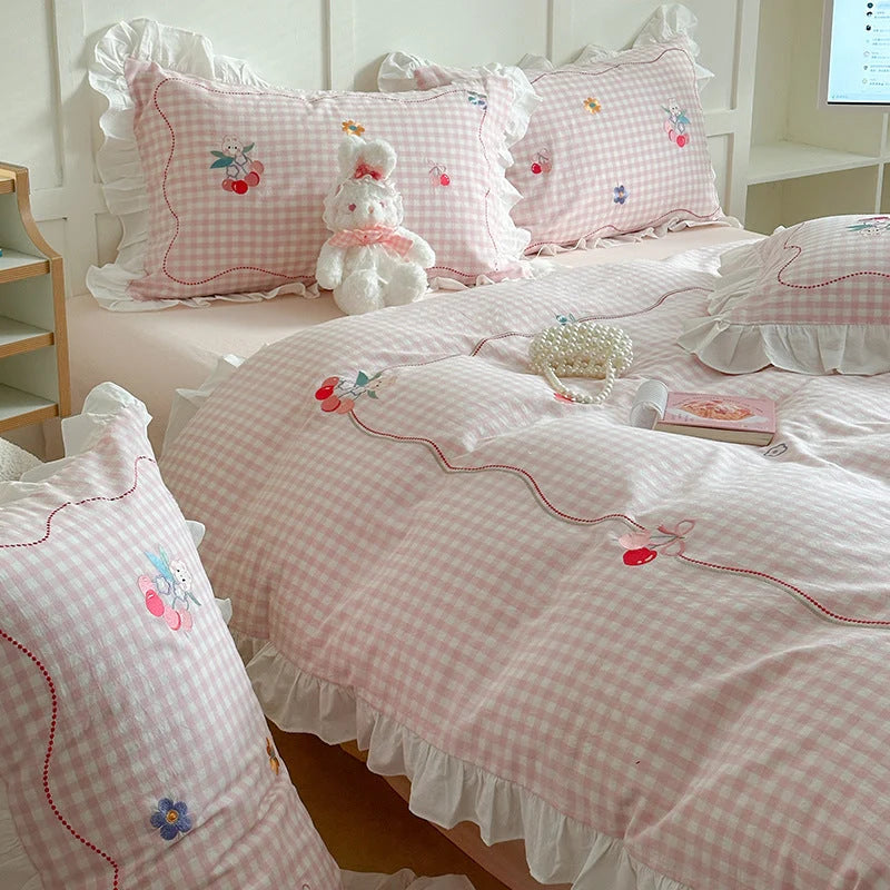 Bedding Set Cotton Ruffled Appliqué Embroidery Machine-Washable