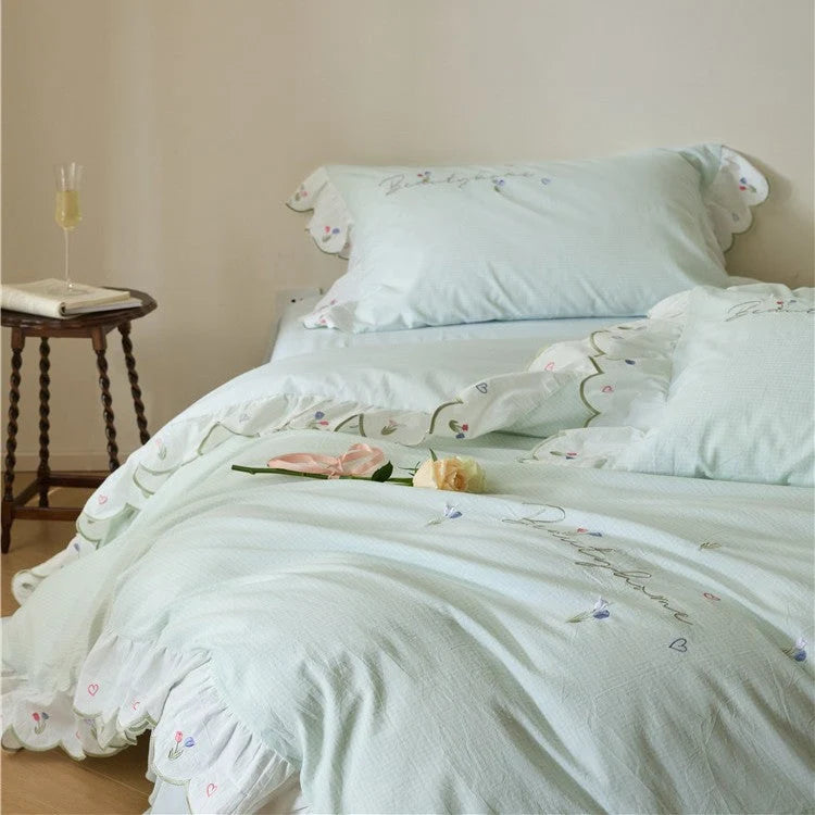 Bedding Set Cotton Ruffled Appliqué Embroidery Machine-Washable