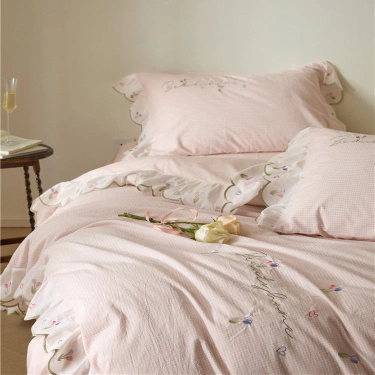 Bedding Set Cotton Ruffled Appliqué Embroidery Machine-Washable