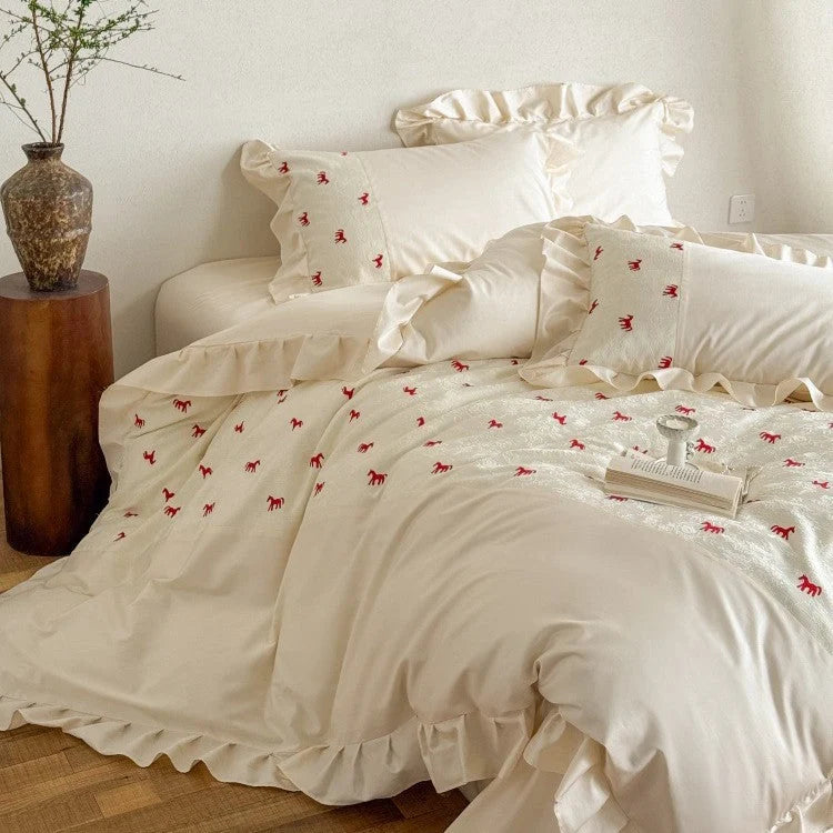 Bedding Set Cotton Satin Blend Animal Print Ruffle Trim