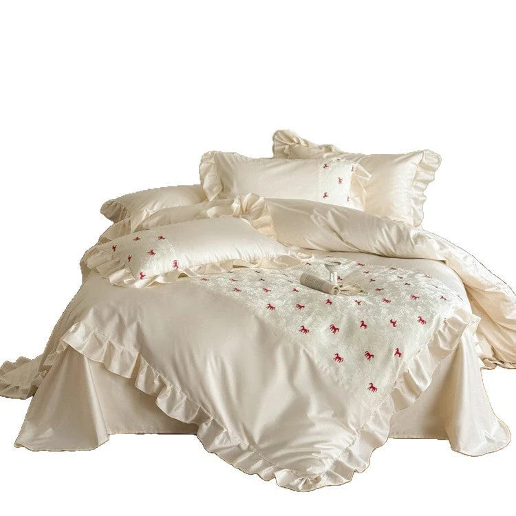 Bedding Set Cotton Satin Blend Animal Print Ruffle Trim