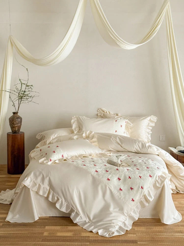 Bedding Set Cotton Satin Blend Animal Print Ruffle Trim