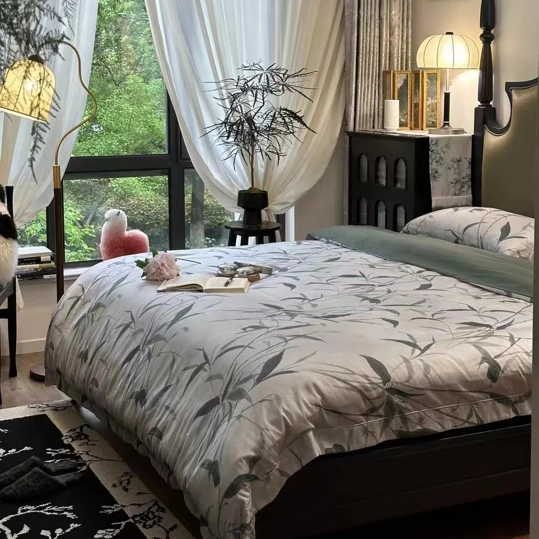 Bedding Set Cotton Satin Botanical Print 4 Piece