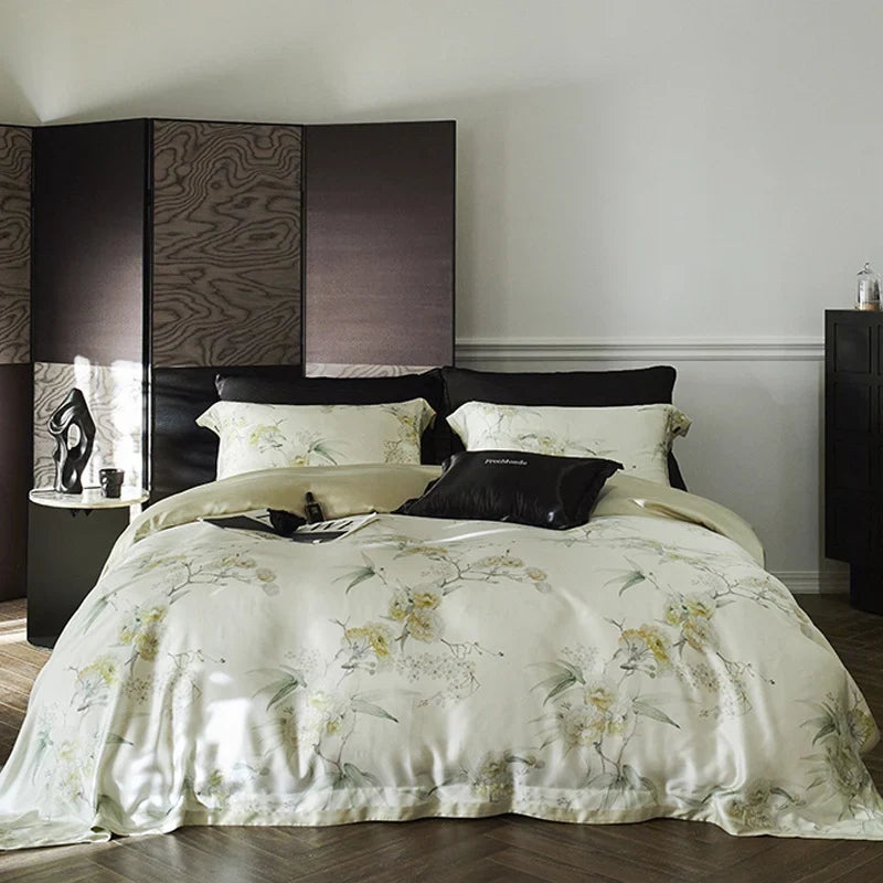 Bedding Set Cotton Satin Botanical Print Zipper Closure
