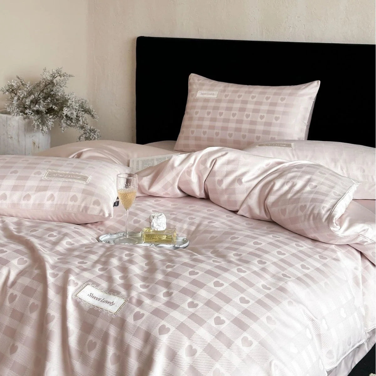 Bedding Set Cotton Satin Breathable Check Pattern 4-Piece