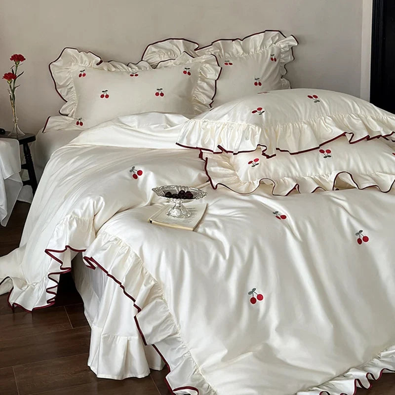 Bedding Set Cotton Satin Breathable Cherry Embroidery 4-Piece