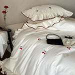 Bedding Set Cotton Satin Breathable Cherry Embroidery 4-Piece