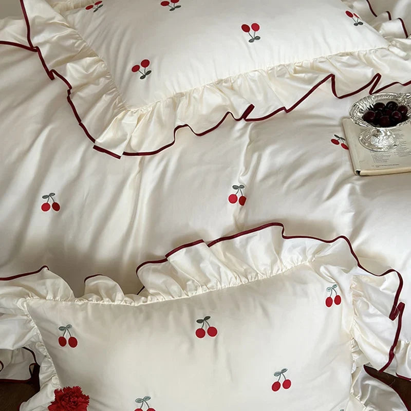 Bedding Set Cotton Satin Breathable Cherry Embroidery 4-Piece