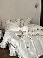 Bedding Set Cotton Satin Breathable Cherry Embroidery 4-Piece