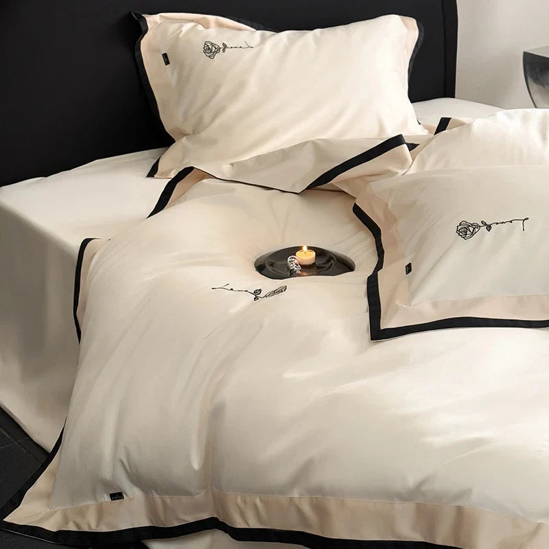 Bedding Set Cotton Satin Breathable Contrast Border & Rose Embroidery