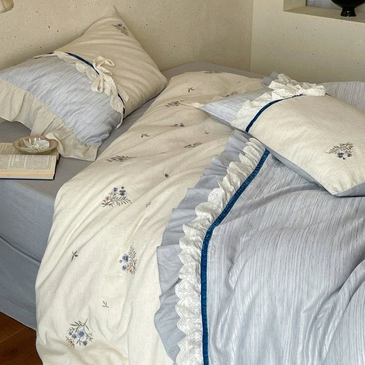 Bedding Set Cotton Satin Breathable Floral Embroidery 4-Piece