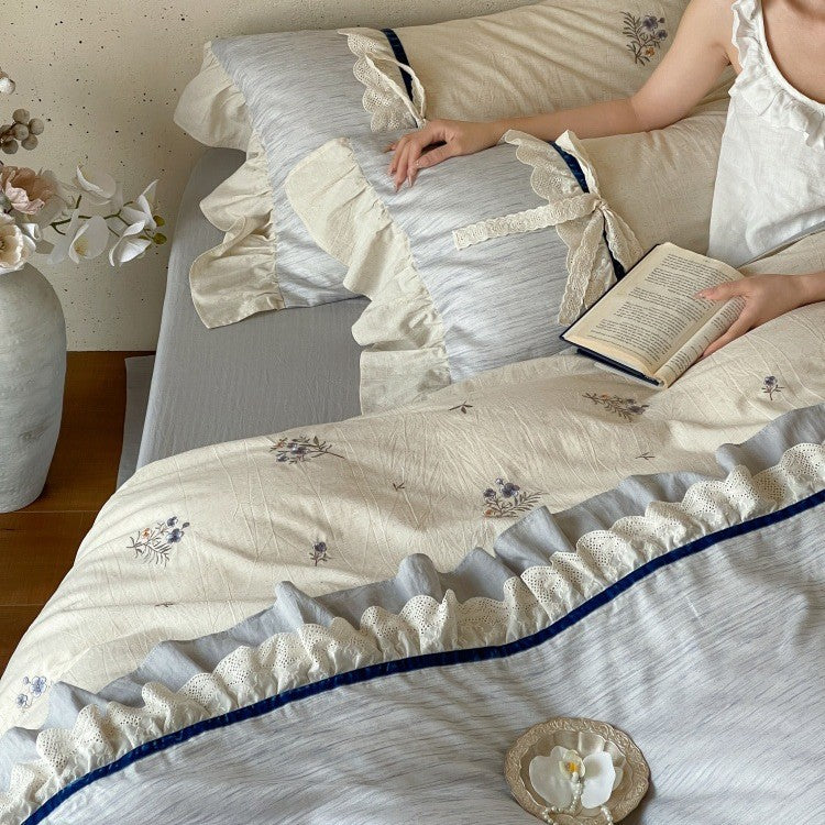 Bedding Set Cotton Satin Breathable Floral Embroidery 4-Piece